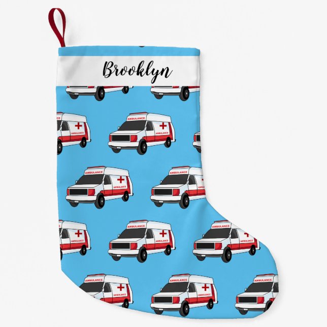 Calcetín Navideño Pequeño Una ambulancia roja curada van personalizado (Anverso)