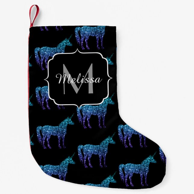 Calcetín Navideño Pequeño Unicorn Sparkles aqua patrón oscuro azul Monograma (Anverso)