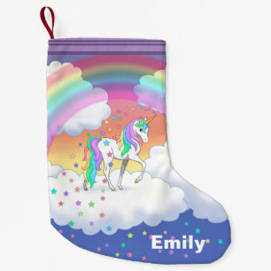 Calcetín Navideño Pequeño Unicornio arcoiris colorido y estrellas