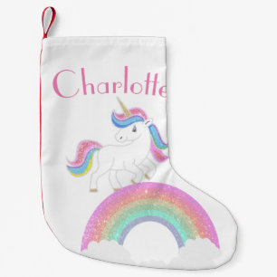 Calcetín Navideño Pequeño Unicornio de Arcoíris Brillante con Nombre Persona