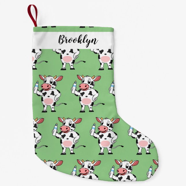 Calcetín Navideño Pequeño Vaca feliz con personalizado de biberón (Anverso)
