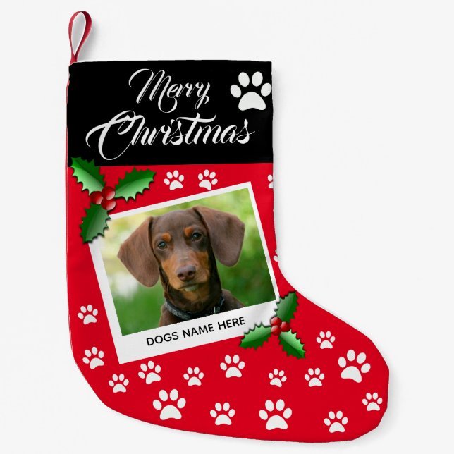Calcetín Navideño Pequeño Valoración de Navidades de perro fotográfico (Anverso)
