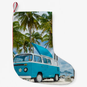 Calcetín Navideño Pequeño Van azul y blanca en la playa