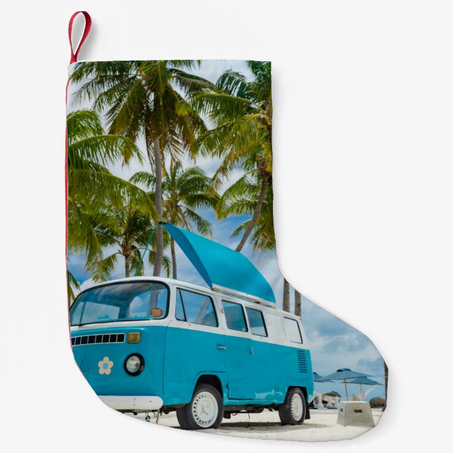 Calcetín Navideño Pequeño Van azul y blanca en la playa (Anverso)