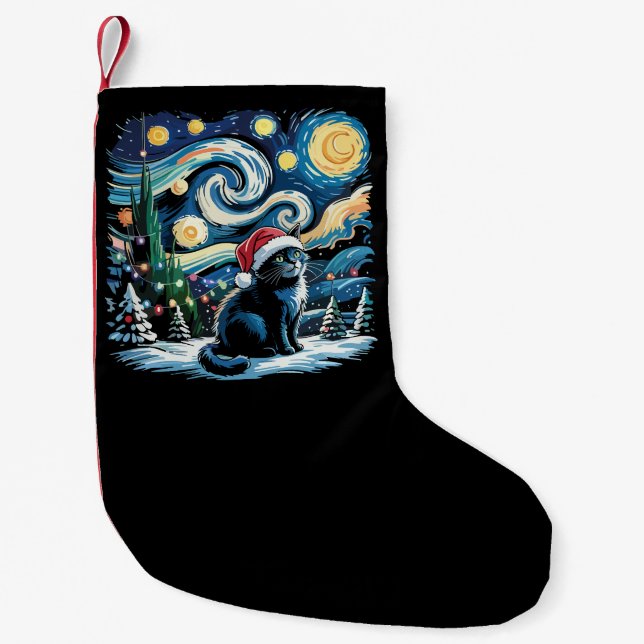 Calcetín Navideño Pequeño Van Gogh Starry Noche Festividades Navidades Gato  (Anverso)