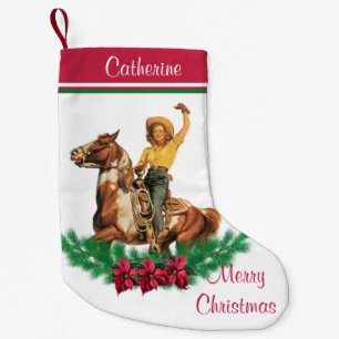 Calcetín Navideño Pequeño Vaquera en caballo con Felices Navidad de la