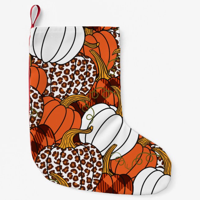 Calcetín Navideño Pequeño  Varias calabazas. Leopardo, naranja, blanco y abd (Anverso)