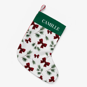Calcetín Navideño Pequeño Verde invernal personalizado y lazo rojo