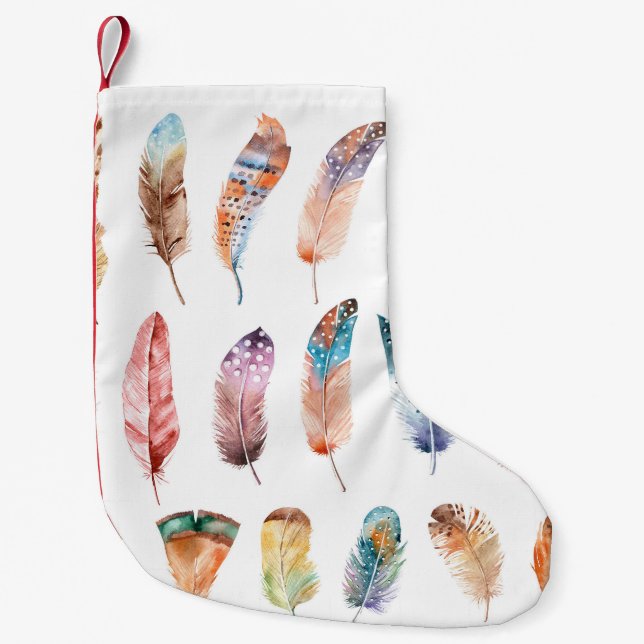 Calcetín Navideño Pequeño Vibrantes plumas Boho: Ilustracion acuarela (Anverso)