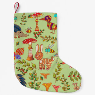 Calcetín Navideño Pequeño Vida en el Bosque: Ilustración Vintage de Flora y