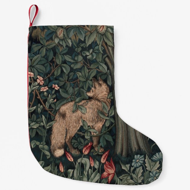 Calcetín Navideño Pequeño Vida silvestre William Morris Greenery Fox (Anverso)
