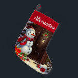 Calcetín Navideño Pequeño Vintage de Snowman Escena navideña de pequeños Nav<br><div class="desc">Este es un adorable Navidad lleno de Navidades de un muñeco de nieve con regalos en la puerta principal de una casa de color agua vintage. El nombre de la reserva es personalizable con el nombre del destinatario.</div>