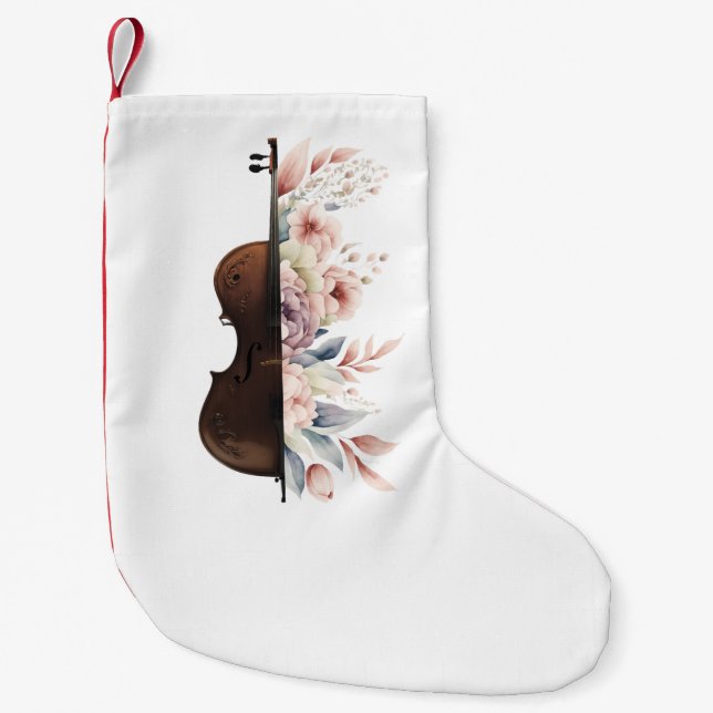 Calcetín Navideño Pequeño Violín con flores. (Anverso)