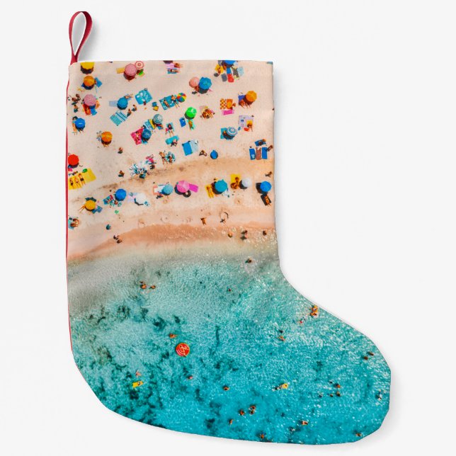 Calcetín Navideño Pequeño Vista aérea de la playa de arena con sombrillas de (Anverso)