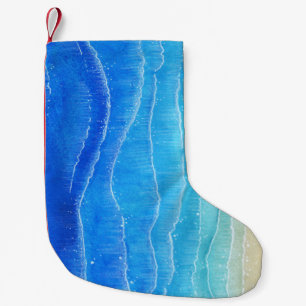 Calcetín Navideño Pequeño Vista del mar y la playa en acuarela.