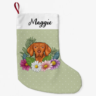 Calcetín Navideño Pequeño Vizsla Húngaro Y Flores De Verano Coloridas Verdes