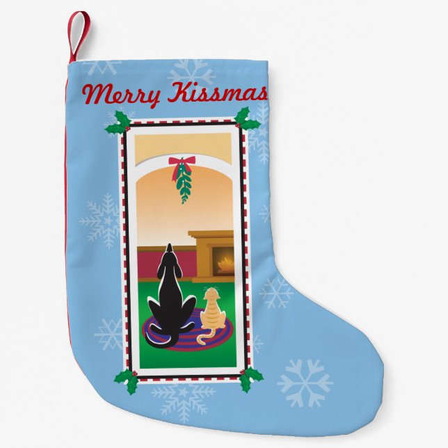 Calcetín Navideño Pequeño WagsToWishes®_Mascotas bajo mistletoe_Merry Kissma (Anverso)