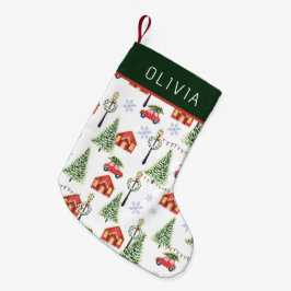 Calcetín Navideño Pequeño Watercolor Winter Christmas Tree Custom Name