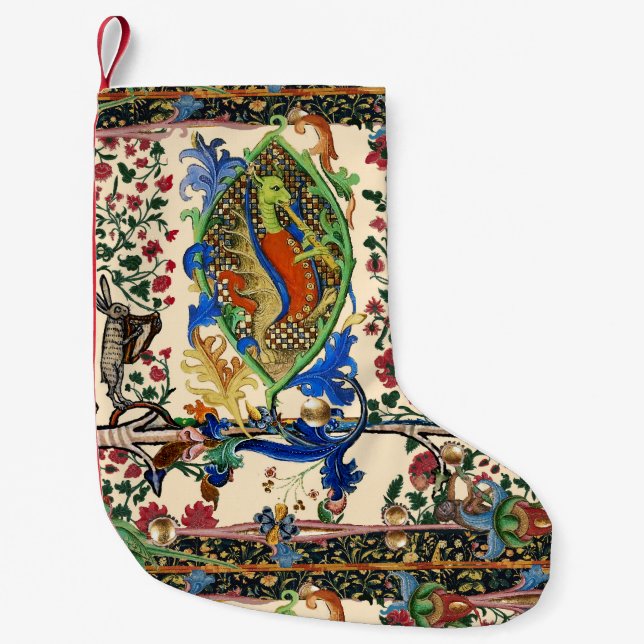 CALCETÍN NAVIDEÑO PEQUEÑO WEIRD MEDIEVAL BESTIARY MUSIC,DRAGON PLAYING FLUTE (Anverso)