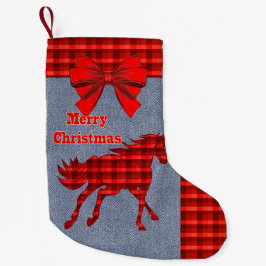 Calcetín Navideño Pequeño Western Horse Red Plaid Faux Denim
