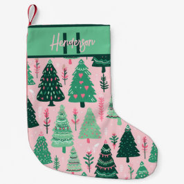 Calcetín Navideño Pequeño Whimsical Pink & Green Christmas Tree Pattern Name