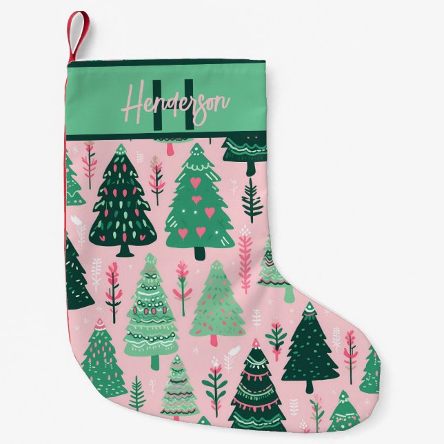 Calcetín Navideño Pequeño Whimsical Pink & Green Christmas Tree Pattern Name (Anverso)