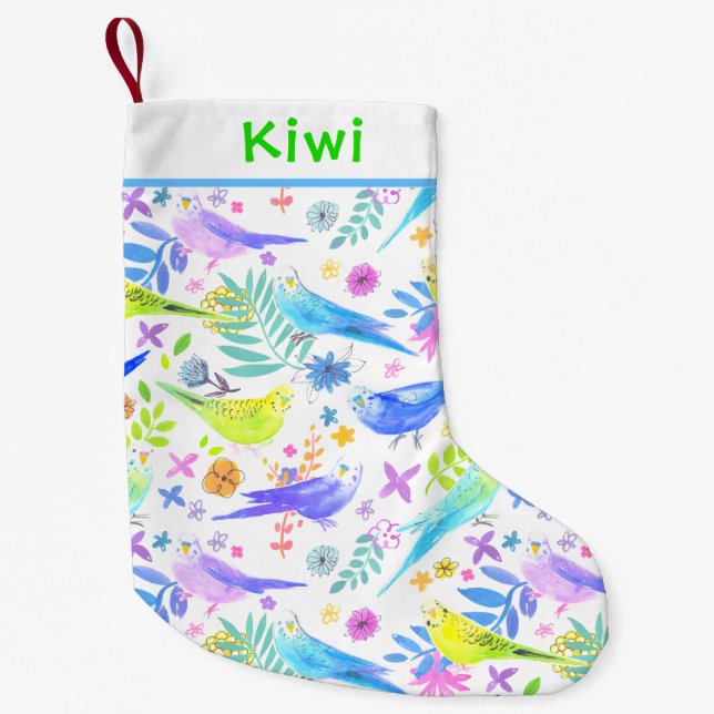 Calcetín Navideño Pequeño Whimsical Watercolour Budgie Parakeets (Anverso)