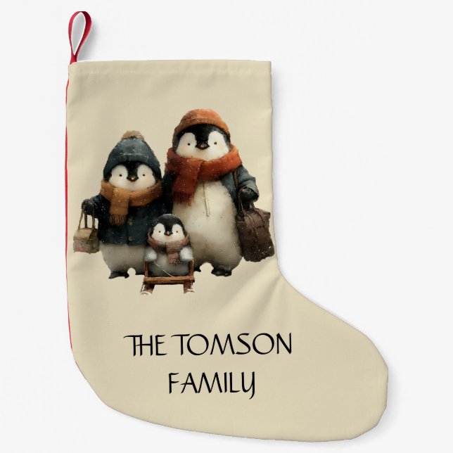 Calcetín Navideño Pequeño Winter Penguin Family Personalized Design (Anverso)
