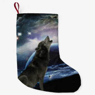 Calcetín Navideño Pequeño Wolf gritando en la luna