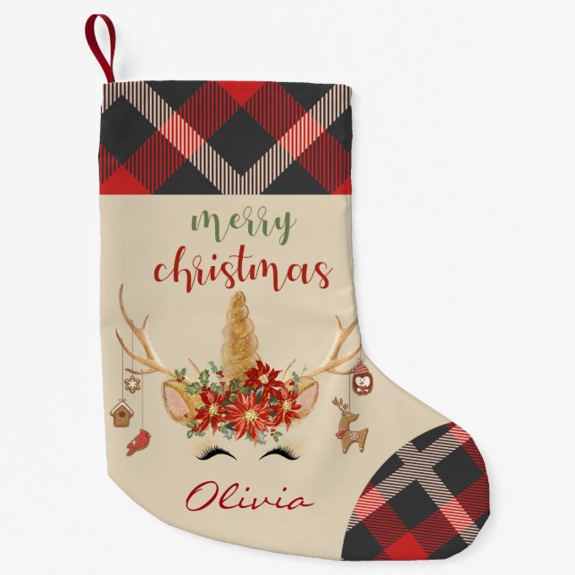 Calcetín Navideño Pequeño Woodland Unicornio enfrenta a sus competidores (Anverso)