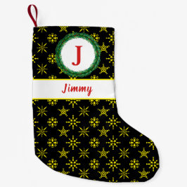 Calcetín Navideño Pequeño Wreath Monograma tu nombre Black Yellow Snowflakes