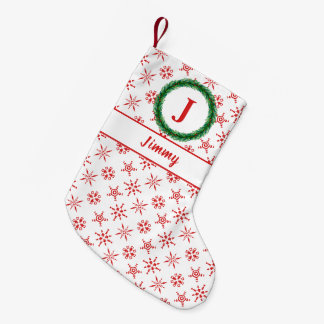 Calcetín Navideño Pequeño Wreath Monograma tu nombre Copos de nieve blancos