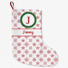 Calcetín Navideño Pequeño Wreath Monograma tu nombre Copos de nieve blancos 