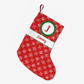 Calcetín Navideño Pequeño Wreath Monograma tu nombre Copos de nieve rojos y