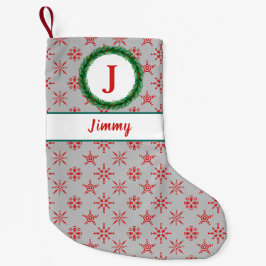 Calcetín Navideño Pequeño Wreath Monograma tu nombre Plata y Copos de Nieve 