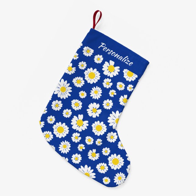 Calcetín Navideño Pequeño Yellow White Daisy Pattern On Blue Christmas (Frente (Colgado))