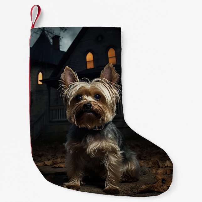 Calcetín Navideño Pequeño Yorkshire Terrier Halloween Scary (Anverso)