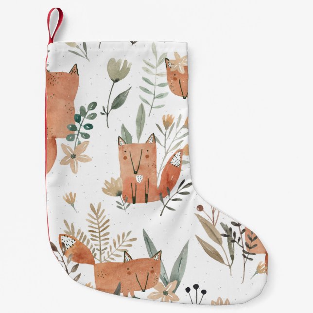 Calcetín Navideño Pequeño zorros en praderas: sin foco acuarela (Anverso)
