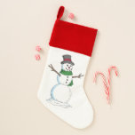 Calcetín Navideño Snowman<br><div class="desc">Un muñeco de nieve alegre pero con aspecto frío lleva un sombrero de copa roja y una bufanda verde en este ilustracion invernal de Richard H. Fay.</div>