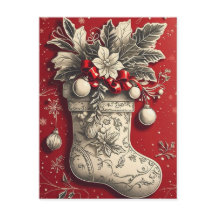 Calcetín Navideño Vintage de Acebo Tarjeta Postal 