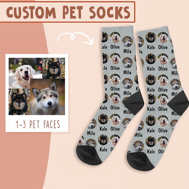 Calcetines 3 perros 3 nombres de perros personalizados en gri (Subido por el creador)