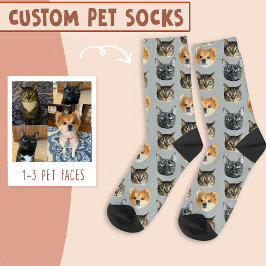 Calcetines 3 rostros de gato y perro personalizados en azul