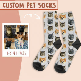 Calcetines 3 rostros de gato y perro personalizados en azul