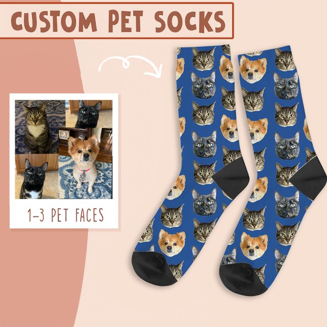 Calcetines 3 rostros de gato y perro personalizados en azul (Subido por el creador)