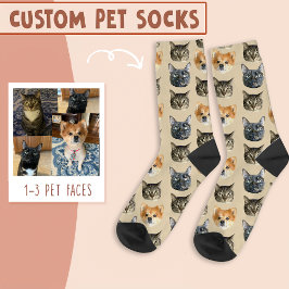 Calcetines 3 rostros de gato y perro personalizados en la mar
