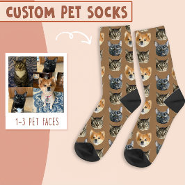 Calcetines 3 rostros de gato y perro personalizados en marrón