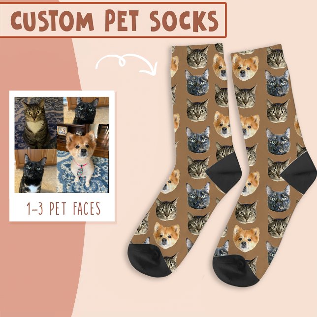 Calcetines 3 rostros de gato y perro personalizados en marrón (Subido por el creador)