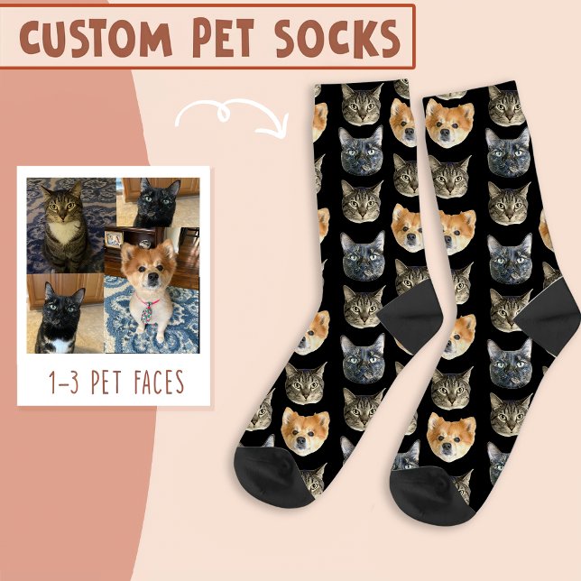 Calcetines 3 rostros de gato y perro personalizados en negro (Subido por el creador)