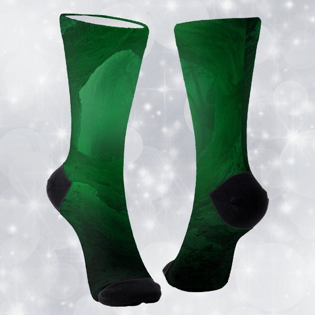 Calcetines Abstracto De Una Cueva Verde Brillante Con Árbol (Spooky glowing green cave opening with tree on dark green fading to black crew socks.)