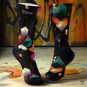 Calcetines Abstracto Hexagonal en Esmeralda, Naranja sobre Ne